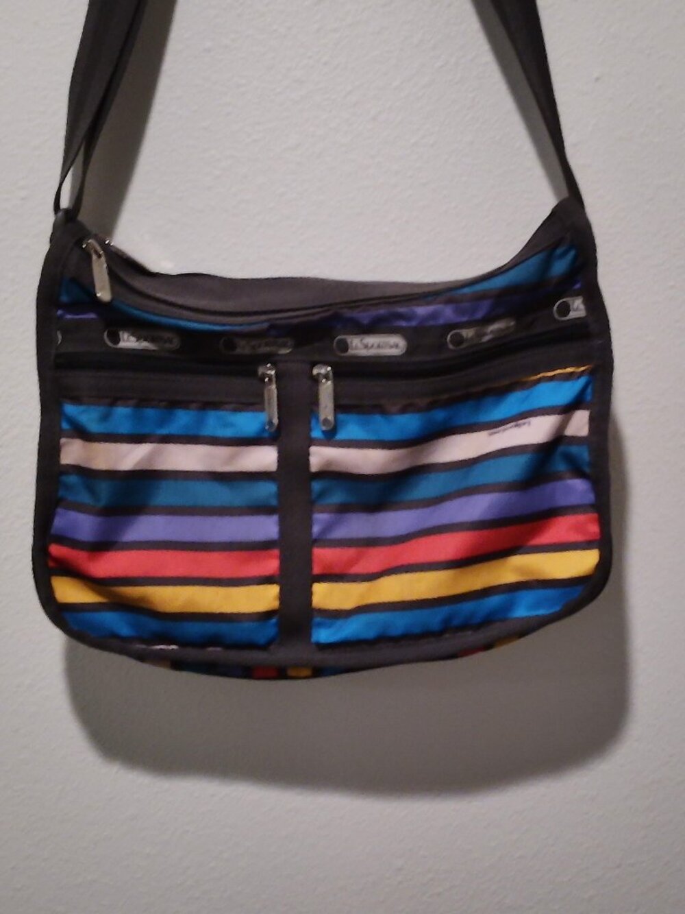 LeSportSac Multicolor stripped Multi zip pockets shoulder crossbody bag